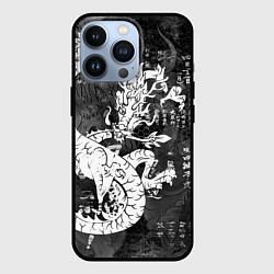 Чехол iPhone 13 Pro ЧБ Японский Дракон Dragon Иероглифы