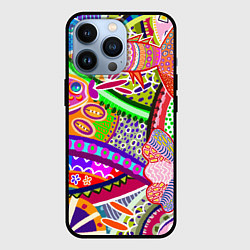 Чехол iPhone 13 Pro Разноцветные яркие рыбки на абстрактном цветном фо