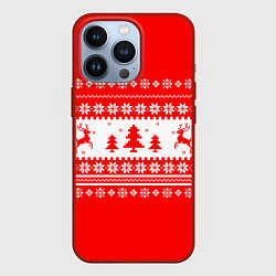 Чехол для iPhone 13 Pro КРАСНО-БЕЛЫЙ СВИТЕР С ОЛЕНЯМИ, цвет: 3D-красный