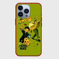 Чехол iPhone 13 Pro Шигео, Ямочки и Рэйгэн налет на пиццу - Mob Psycho