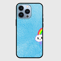 Чехол iPhone 13 Pro Облачко на голубом мехе с радугой парная