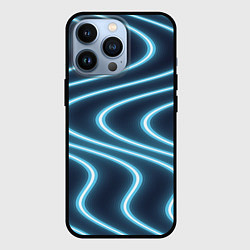 Чехол iPhone 13 Pro Неоновый свет Волны голубые на темном фоне