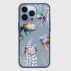 Чехол iPhone 13 Pro Разноцветные акварельные рыбки и белые водоросли