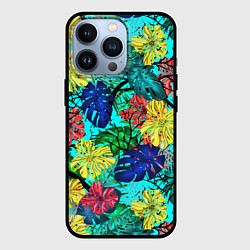 Чехол iPhone 13 Pro Тропические растения на бирюзовом фоне