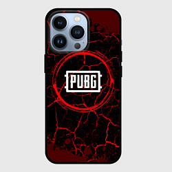 Чехол iPhone 13 Pro Символ PUBG и краска вокруг на темном фоне