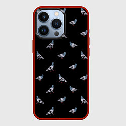 Чехол для iPhone 13 Pro Голуби на черном паттерн, цвет: 3D-красный
