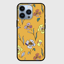 Чехол iPhone 13 Pro Цветы Нарисованные На Золотом Фоне