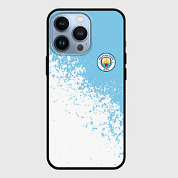 Чехол iPhone 13 Pro Manchester city белые брызги на голубом фоне