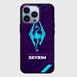 Чехол iPhone 13 Pro Символ Skyrim в неоновых цветах на темном фоне