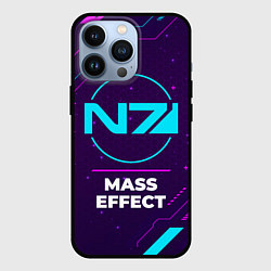 Чехол iPhone 13 Pro Символ Mass Effect в неоновых цветах на темном фон