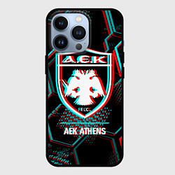 Чехол iPhone 13 Pro AEK Athens FC в стиле Glitch на темном фоне