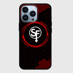 Чехол iPhone 13 Pro Символ Sally Face и краска вокруг на темном фоне