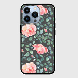 Чехол iPhone 13 Pro Розовые розы на сером фоне Цветы