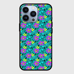 Чехол iPhone 13 Pro Яркий цветочный узор на бирюзовом фоне