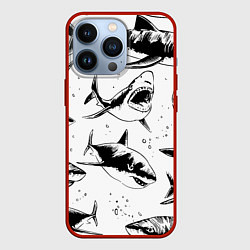 Чехол для iPhone 13 Pro Кровожадные акулы - стая, цвет: 3D-красный