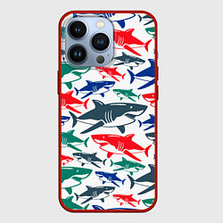 Чехол для iPhone 13 Pro Стая разноцветных акул - паттерн, цвет: 3D-красный