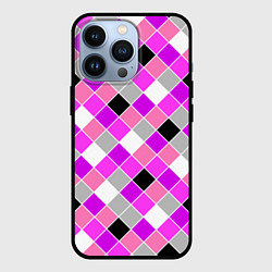 Чехол iPhone 13 Pro Розовый черный узор в клетку