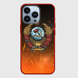 Чехол iPhone 13 Pro Герб СССР на фоне огня