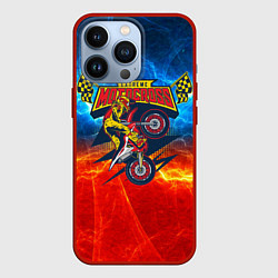 Чехол iPhone 13 Pro Extreme motocross: мотоциклист на фоне огня