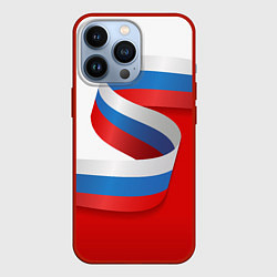 Чехол iPhone 13 Pro Лента триколор на красно-белом фоне