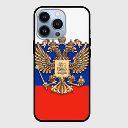 Чехол iPhone 13 Pro Герб России на фоне флага