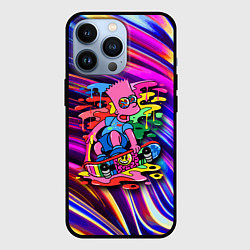 Чехол iPhone 13 Pro Скейтбордист Барт Симпсон на фоне разноцветных кля