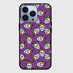 Чехол iPhone 13 Pro Сахарные черепа на фиолетовом паттерн