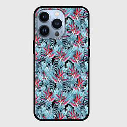 Чехол для iPhone 13 Pro Голубые тропические листья и цветы, цвет: 3D-черный