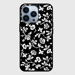 Чехол iPhone 13 Pro Белые цветы на чёрном фоне Белые цветы на чёрном ф