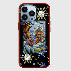 Чехол для iPhone 13 Pro Новый год белка с бельчатами, цвет: 3D-красный