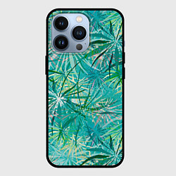 Чехол iPhone 13 Pro Тропические листья на зеленом фоне
