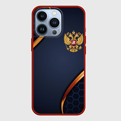 Чехол для iPhone 13 Pro Blue & gold герб России, цвет: 3D-красный