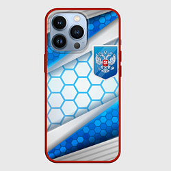 Чехол iPhone 13 Pro Синий герб России на объемном фоне