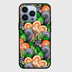 Чехол для iPhone 13 Pro Объемные лепестки цветов и листья, цвет: 3D-черный