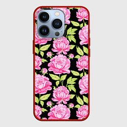 Чехол для iPhone 13 Pro Розовые пионы на черном, цвет: 3D-красный
