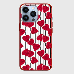 Чехол для iPhone 13 Pro Вырезанные мраморный сердца на черно белом полосат, цвет: 3D-красный