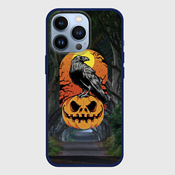 Чехол для iPhone 13 Pro Ворон, сидящий на тыкве - Halloween, цвет: 3D-тёмно-синий