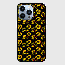 Чехол iPhone 13 Pro Хохломская роспись цветы на чёрном фоне