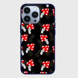Чехол iPhone 13 Pro Мухоморы на черном фоне