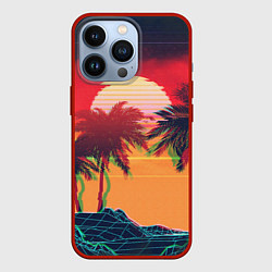 Чехол iPhone 13 Pro Пальмы и пляж на закате с помехами VHS ретро дизай