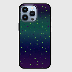 Чехол iPhone 13 Pro Неоновые зеленые и сиреневые звезды на темно зелен