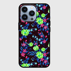 Чехол для iPhone 13 Pro Неоновые цветы - паттерн, цвет: 3D-черный