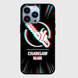 Чехол iPhone 13 Pro Символ Chainsaw Man в стиле glitch на темном фоне
