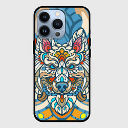 Чехол iPhone 13 Pro Волк в узорах на нежном цветочном фоне
