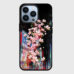 Чехол для iPhone 13 Pro Ветка сакуры на фоне ночного Токио - glitch, цвет: 3D-черный