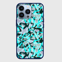 Чехол для iPhone 13 Pro Пятнистый абстрактный узор серый с бирюзовыми лини, цвет: 3D-тёмно-синий