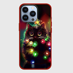 Чехол для iPhone 13 Pro Новогодний котик с гирляндой, цвет: 3D-красный