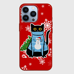 Чехол iPhone 13 Pro Котик в свитере с ёлочкой