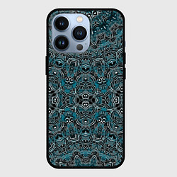 Чехол iPhone 13 Pro Синий , белый орнамент на черном