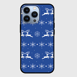 Чехол iPhone 13 Pro Белые олени со снежинками на синем фоне